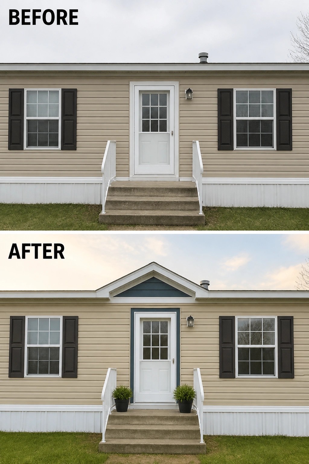 Before-and-after image of a manufactured home's front where a plain entry is