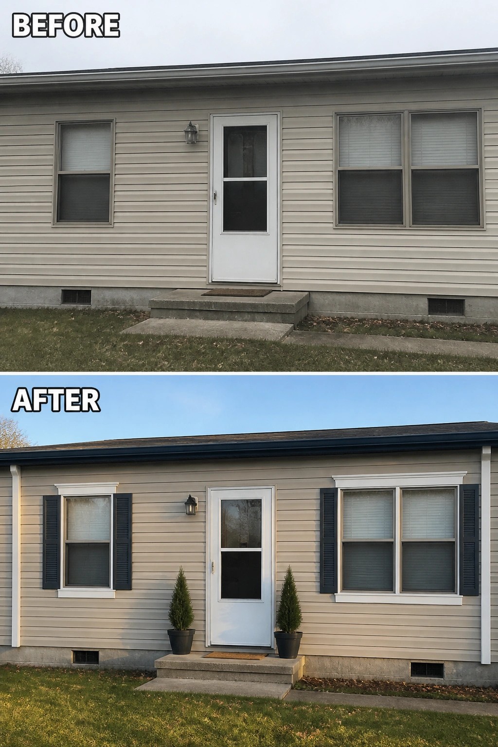 Before-and-after image of a manufactured-home front showing a plain entry upgraded with window trim and shutters, a new porch light, and matching potted plants.