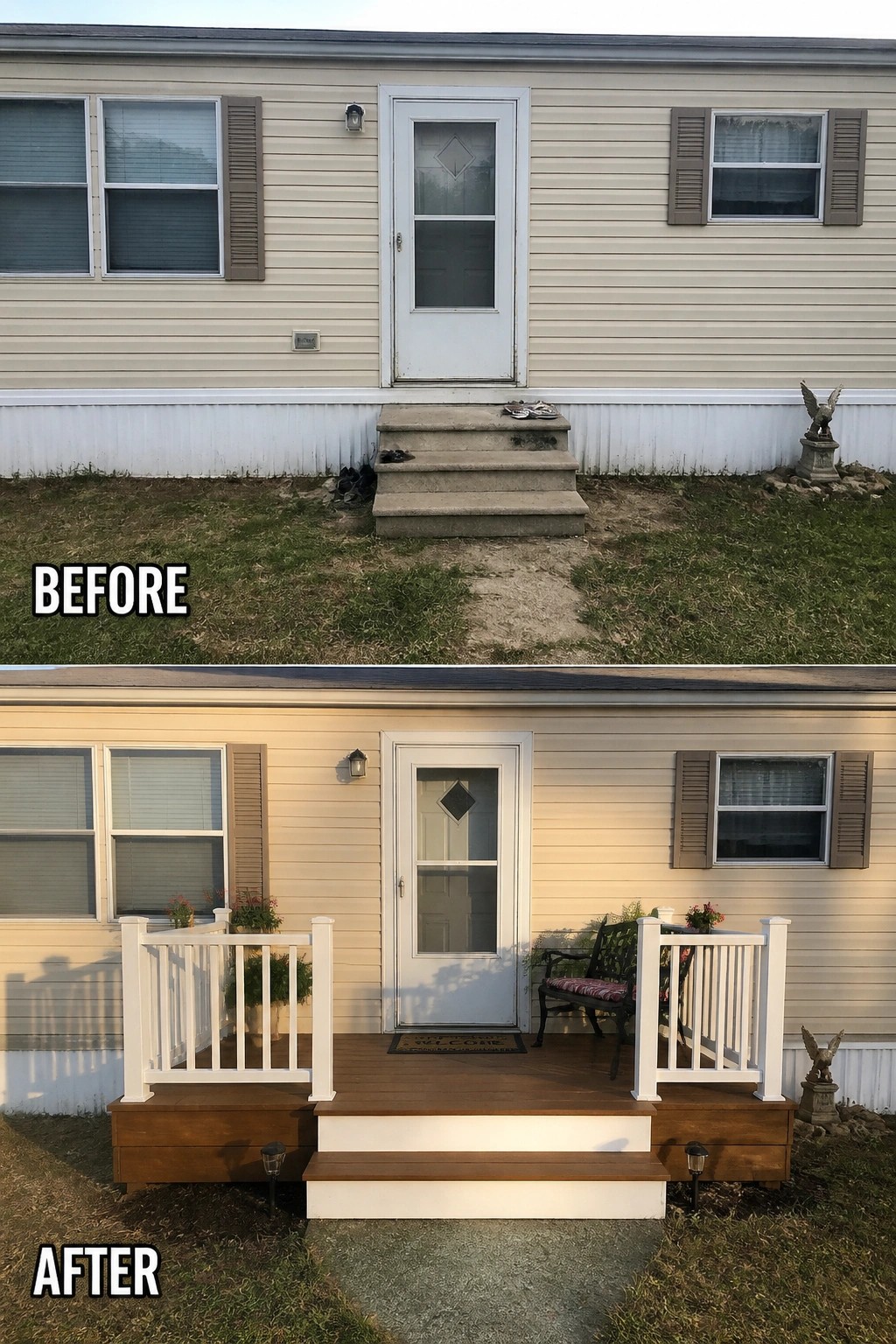Before-and-after image of a manufactured home entry where plain concrete steps are replaced by a small wooden porch with white railings, planters, seating, and new steps.