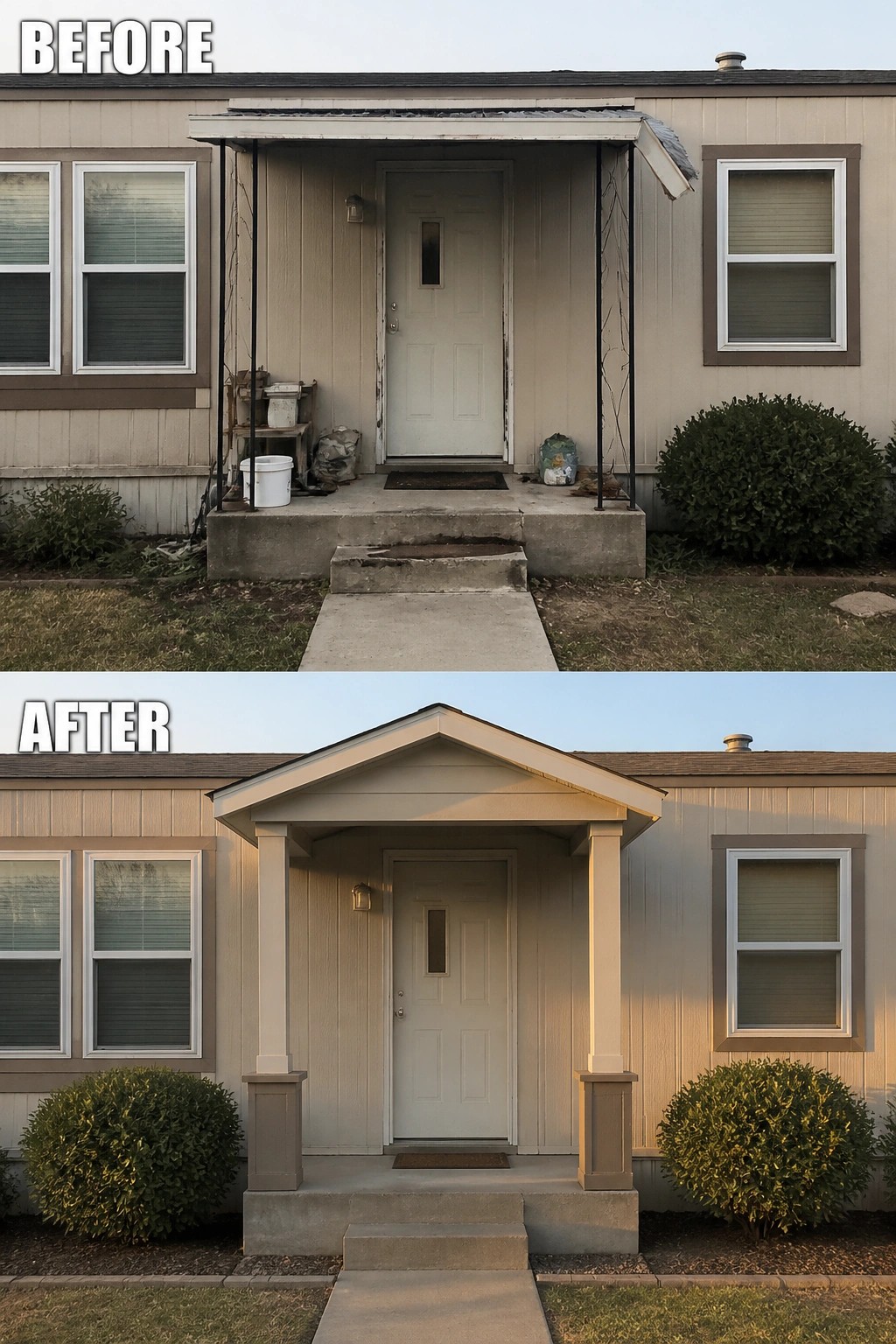 Before-and-after image of a manufactured home front entry updated from a bare concrete stoop to a defined porch with a small gable roof, boxed columns, and tidier plantings.