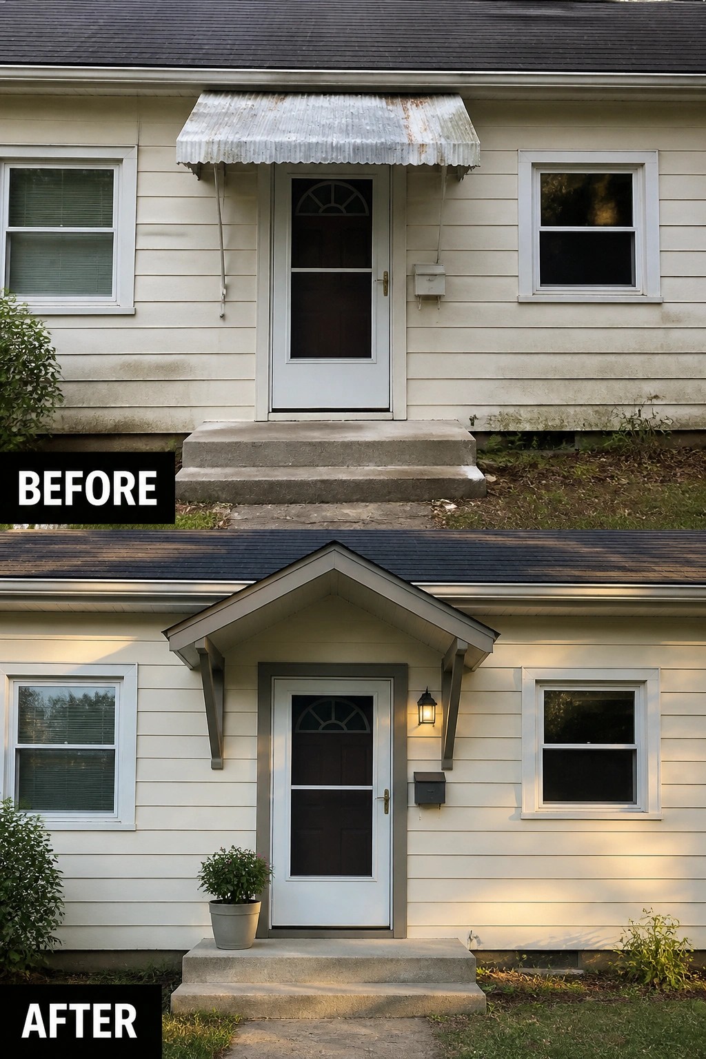 Before-and-after image of a small home's front entry where a rusted metal awning is replaced by a framed gabled porch with trim, a porch light, and a potted plant.