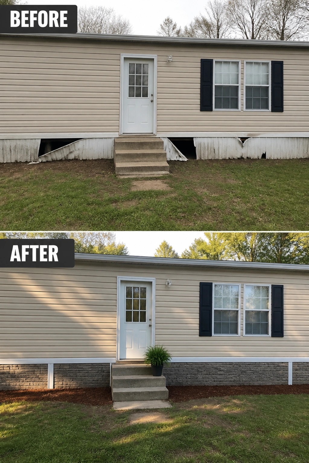 Before-and-after image of a manufactured home where damaged white vinyl skirting is replaced with stone-look skirting and a tidy mulch bed plus a potted plant at the steps.