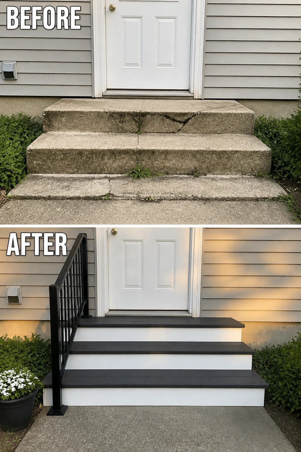 Before-and-after image of a front entry where cracked concrete steps are replaced with white risers, dark treads, and a black metal railing.