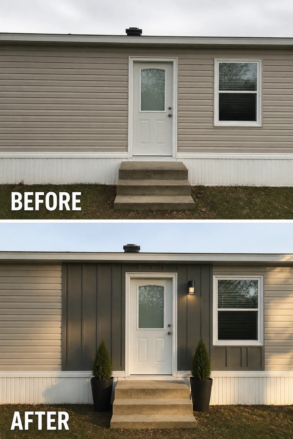 Before-and-after image of a manufactured home front showing a plain exterior updated with dark vertical trim around the door, an outdoor light, and potted plants.