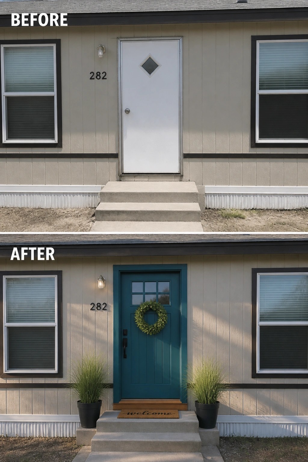 Before-and-after image of a plain manufactured home entry updated by painting the front door and adding planters, a wreath, and a welcome mat.