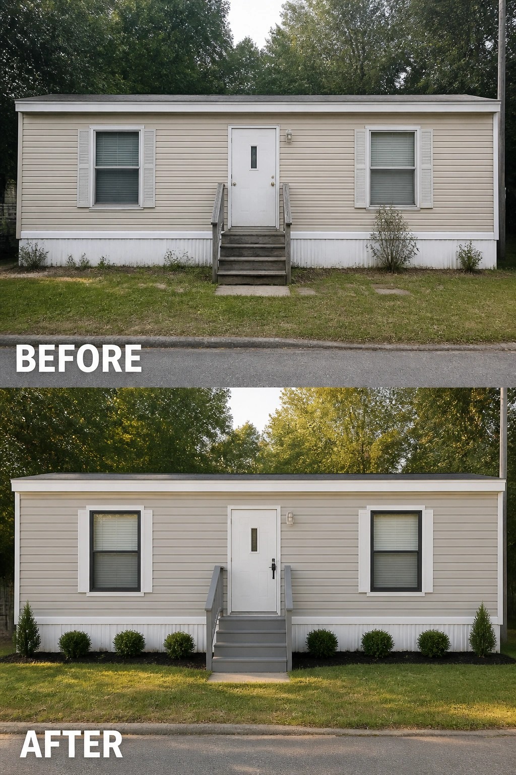 Before-and-after photo of a manufactured home front where the entry trim and steps were painted and a row of low shrubs and mulch were added.