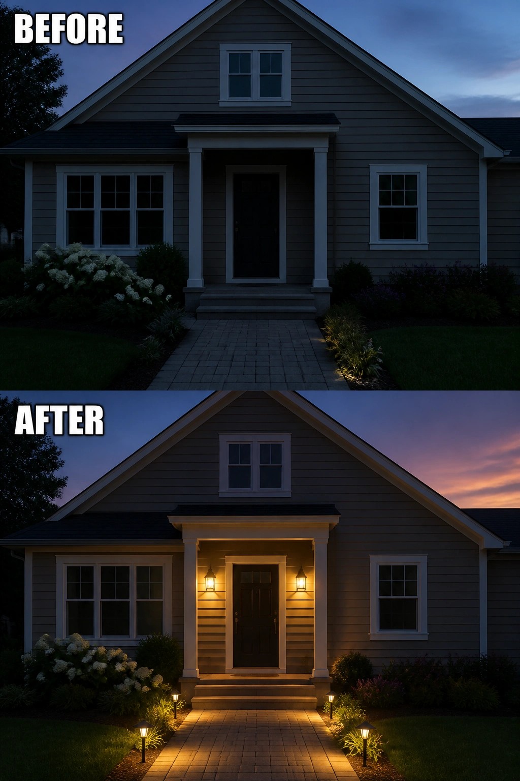 Before-and-after image of a house front where a dark porch and walkway are updated with wall lanterns by the door and low pathway lights to illuminate the entry.