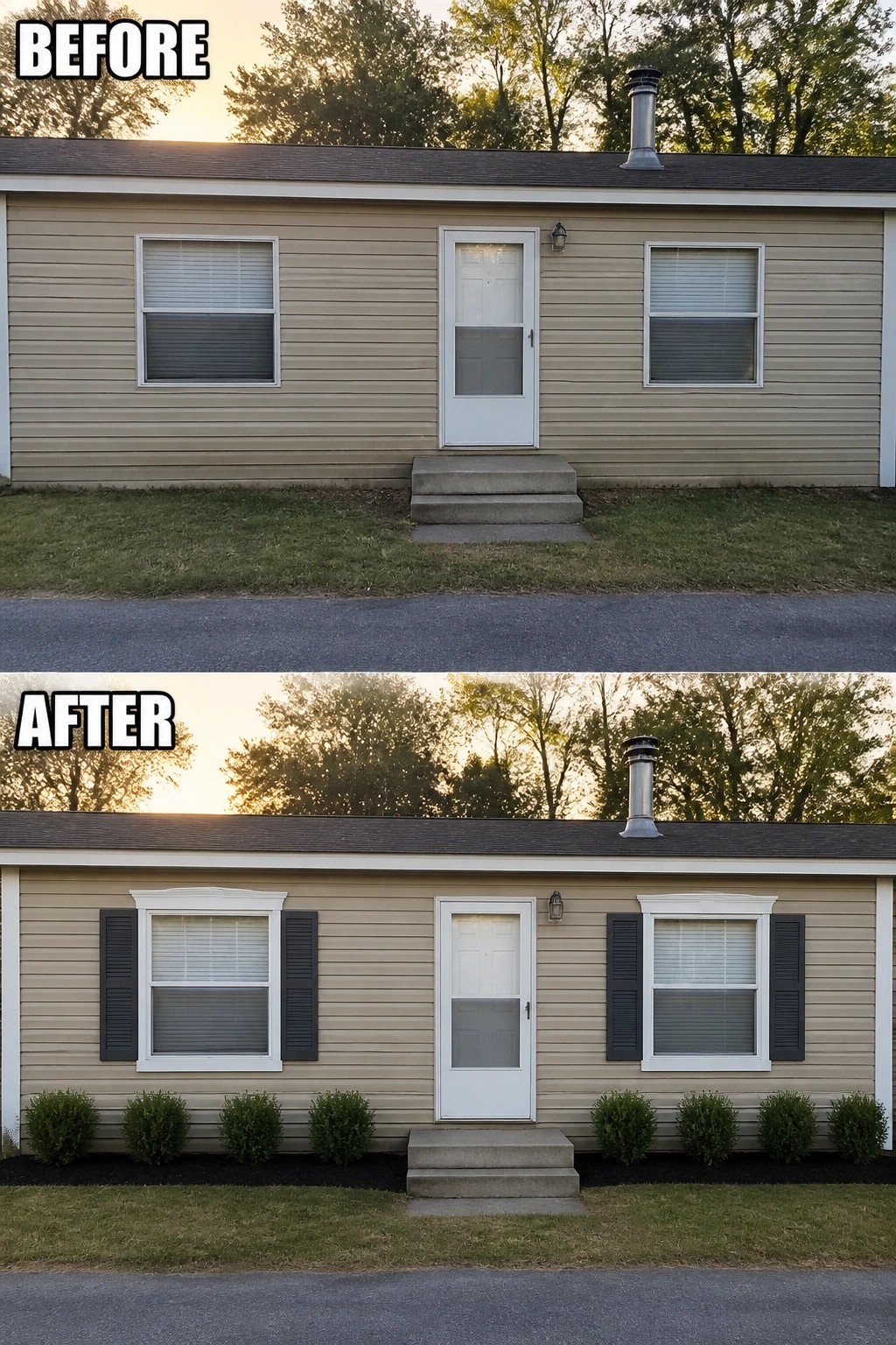 Before-and-after image of a manufactured home front showing plain siding updated with window trim and shutters plus a row of low shrubs in a mulched bed.