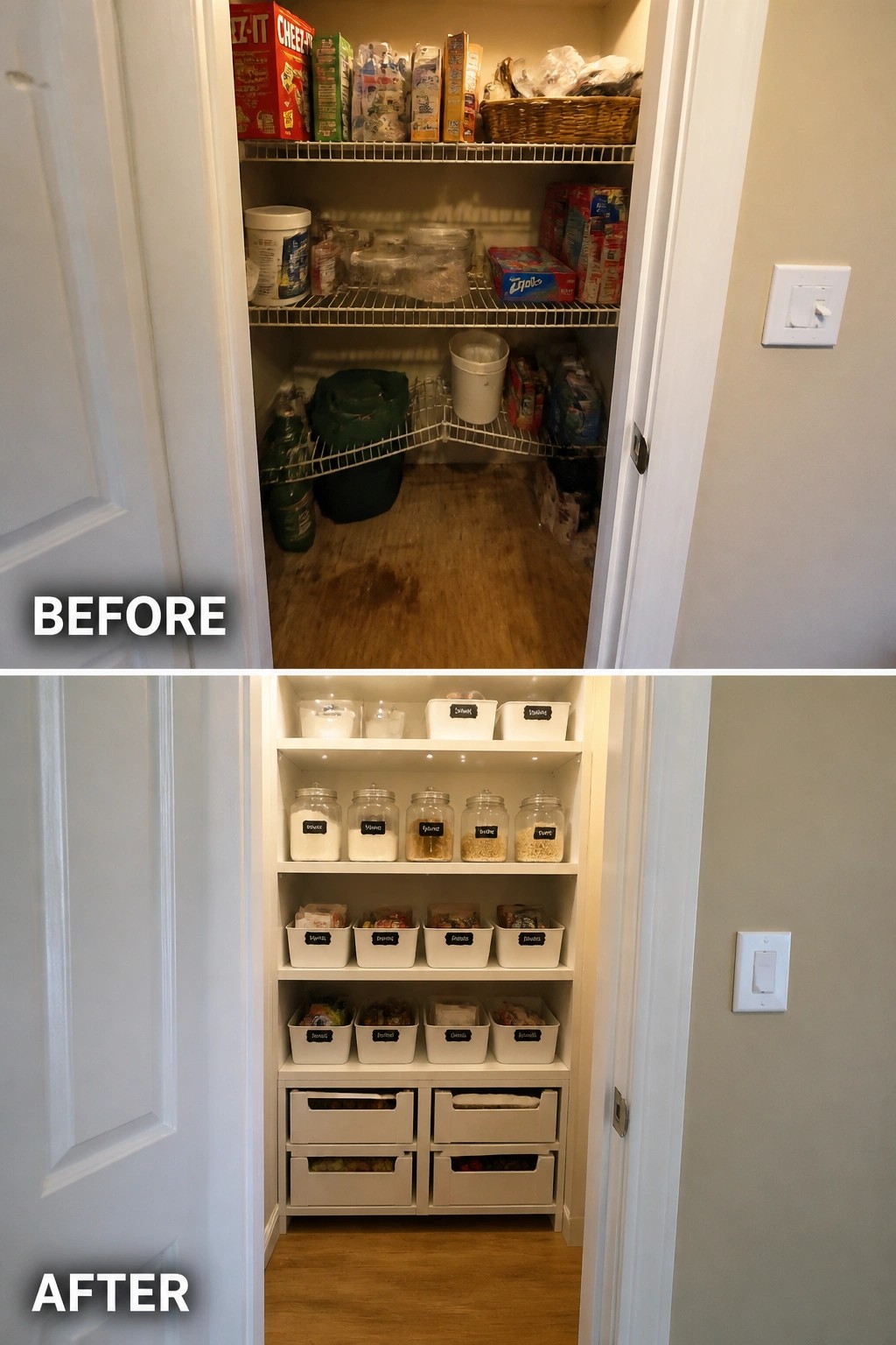 Before-and-after image of a small walk-in pantry converted from wire shelving and clutter to white built-in shelves with clear jars, baskets, and drawers.