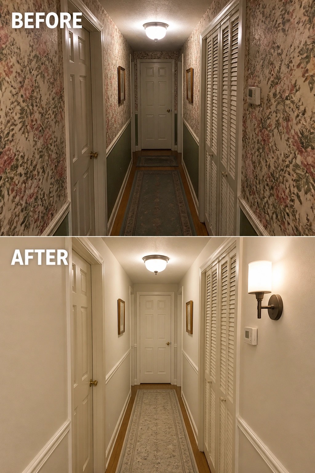 Before-and-after image of a narrow hallway where floral wallpaper was replaced with neutral painted walls, white trim was refreshed, and a wall sconce and lighter runner were added.