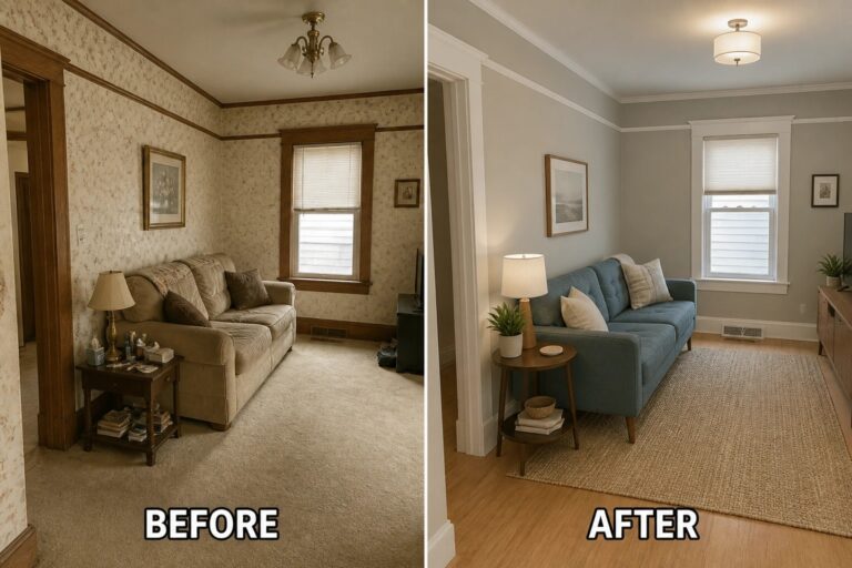 16 Classic Small House Renovation Ideas for Older Homes With Dated Details Before-and-after image of a dated living room updated with neutral paint, refreshed white trim, a wood-look floor and a simple rug with streamlined seating.