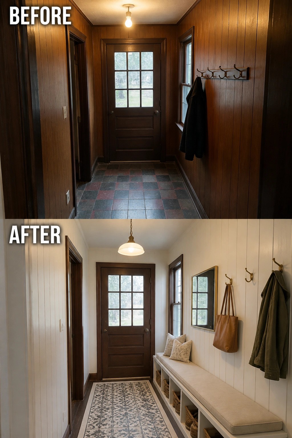 Before-and-after image of a small interior entryway where dark wood-paneled walls were painted white and a long bench with cubby baskets and a runner rug was added.