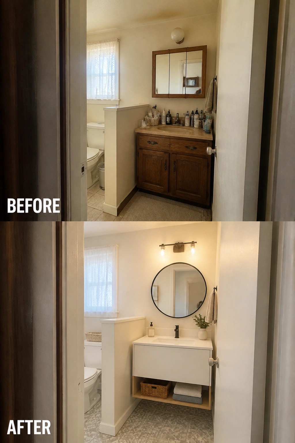 Before-and-after image of a small dated bathroom updated by replacing a bulky wood vanity with a floating white vanity, round mirror, new light fixture, and patterned floor tile.