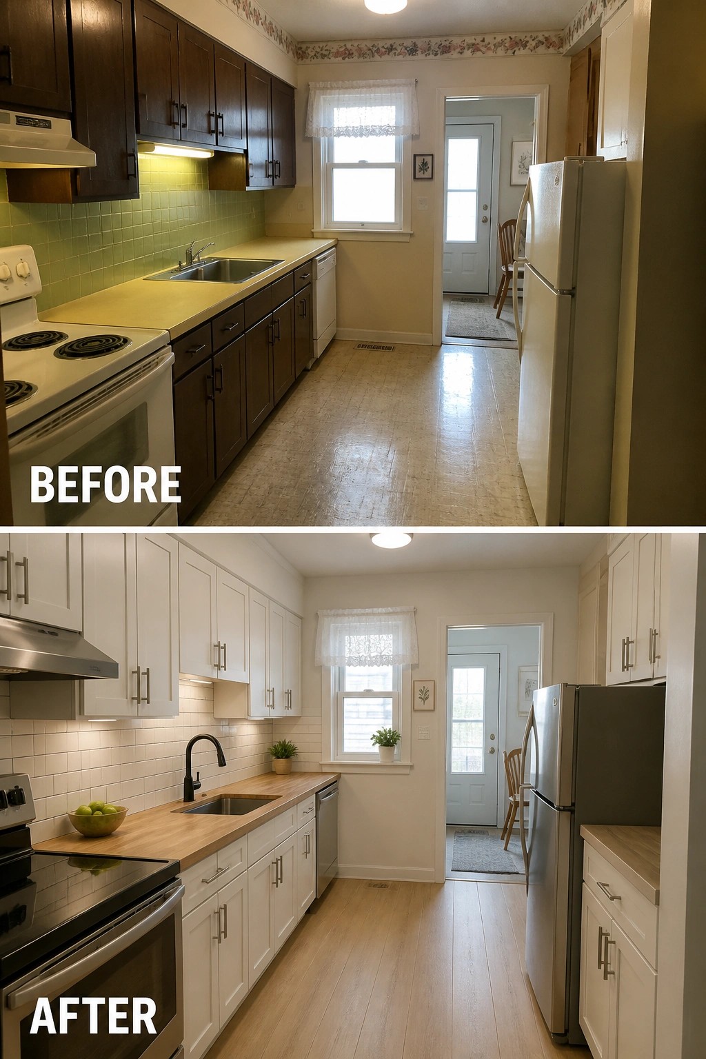 Before-and-after image of a narrow galley kitchen updated from dark wood cabinets and yellow tile to white cabinets, subway tile backsplash, light wood countertops, and lighter flooring.