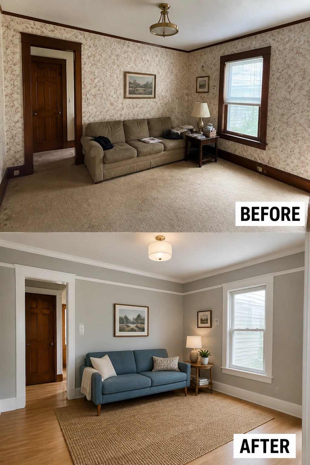 Before-and-after image of a dated living room updated with neutral paint, refreshed white trim, a wood-look floor and a simple rug with streamlined seating.