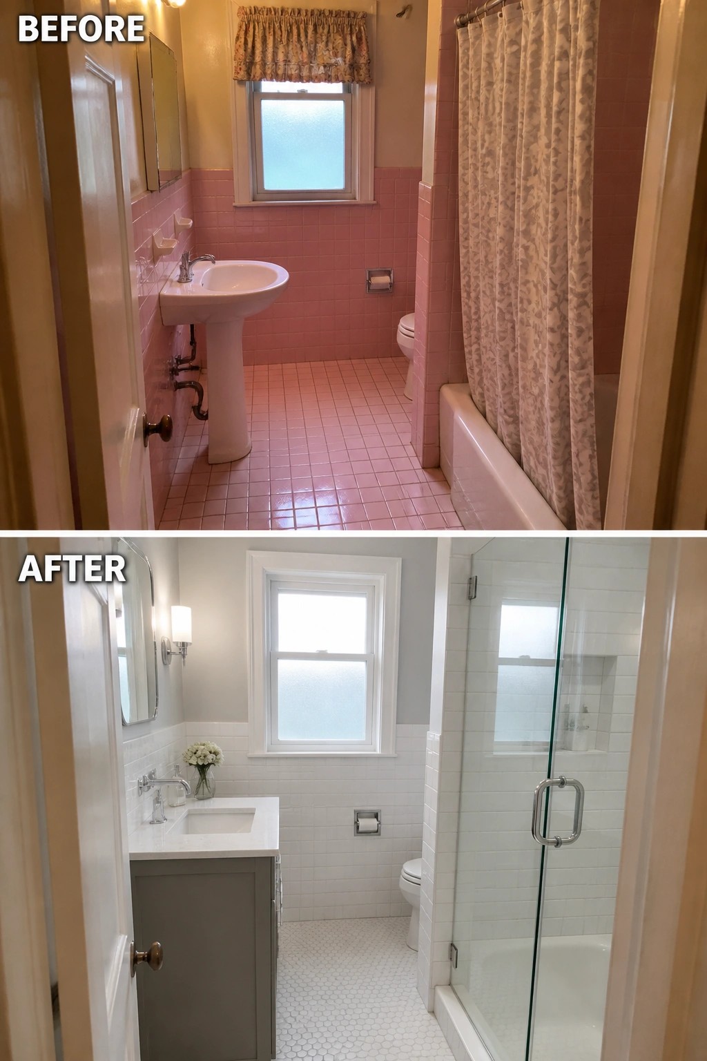 Before-and-after image of a small dated bathroom with pink tile updated to white tile, a vanity, and a frameless glass shower.