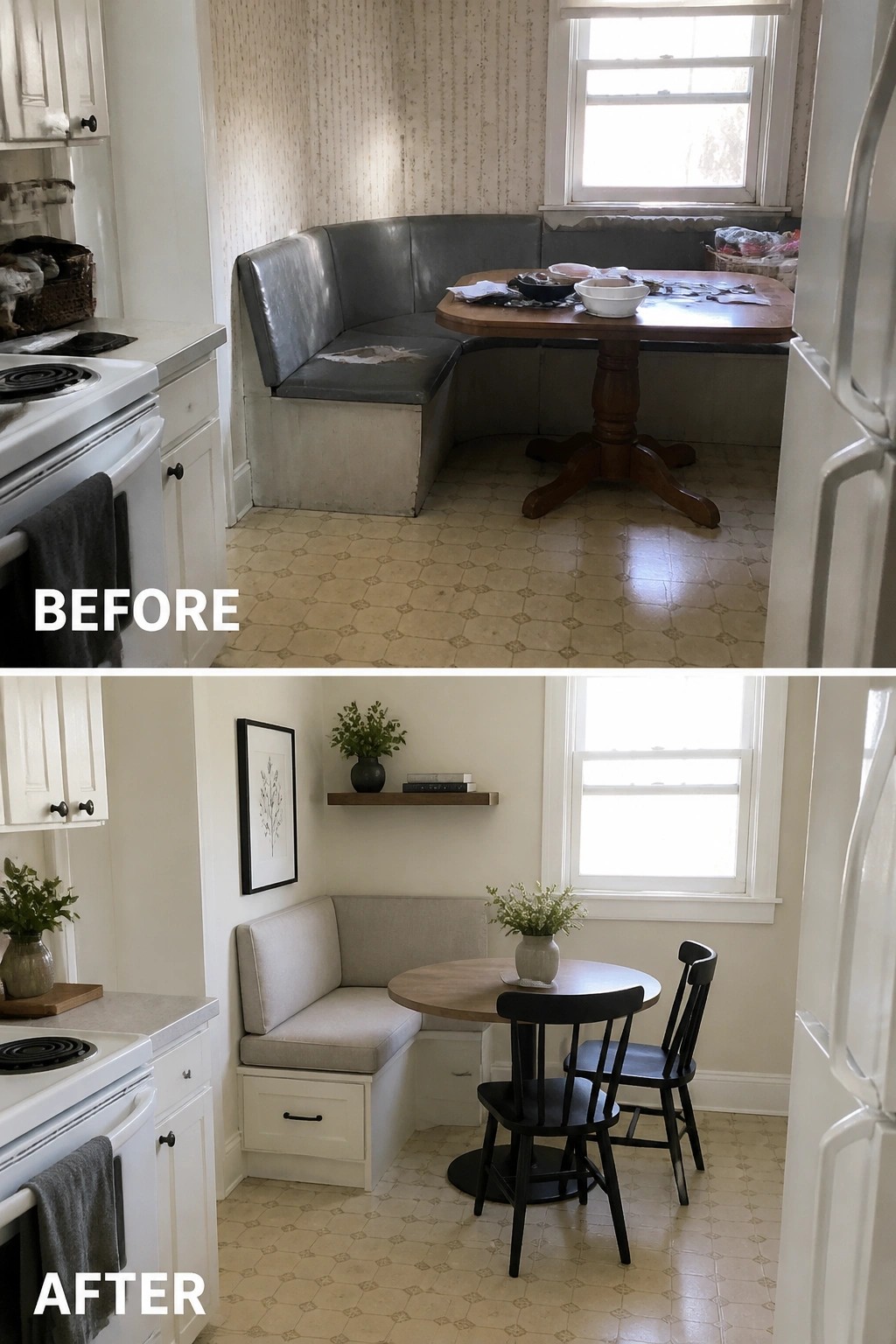 Before-and-after image of a small kitchen nook updated from a worn vinyl corner booth and large table to an upholstered banquette with storage and a round table with chairs.