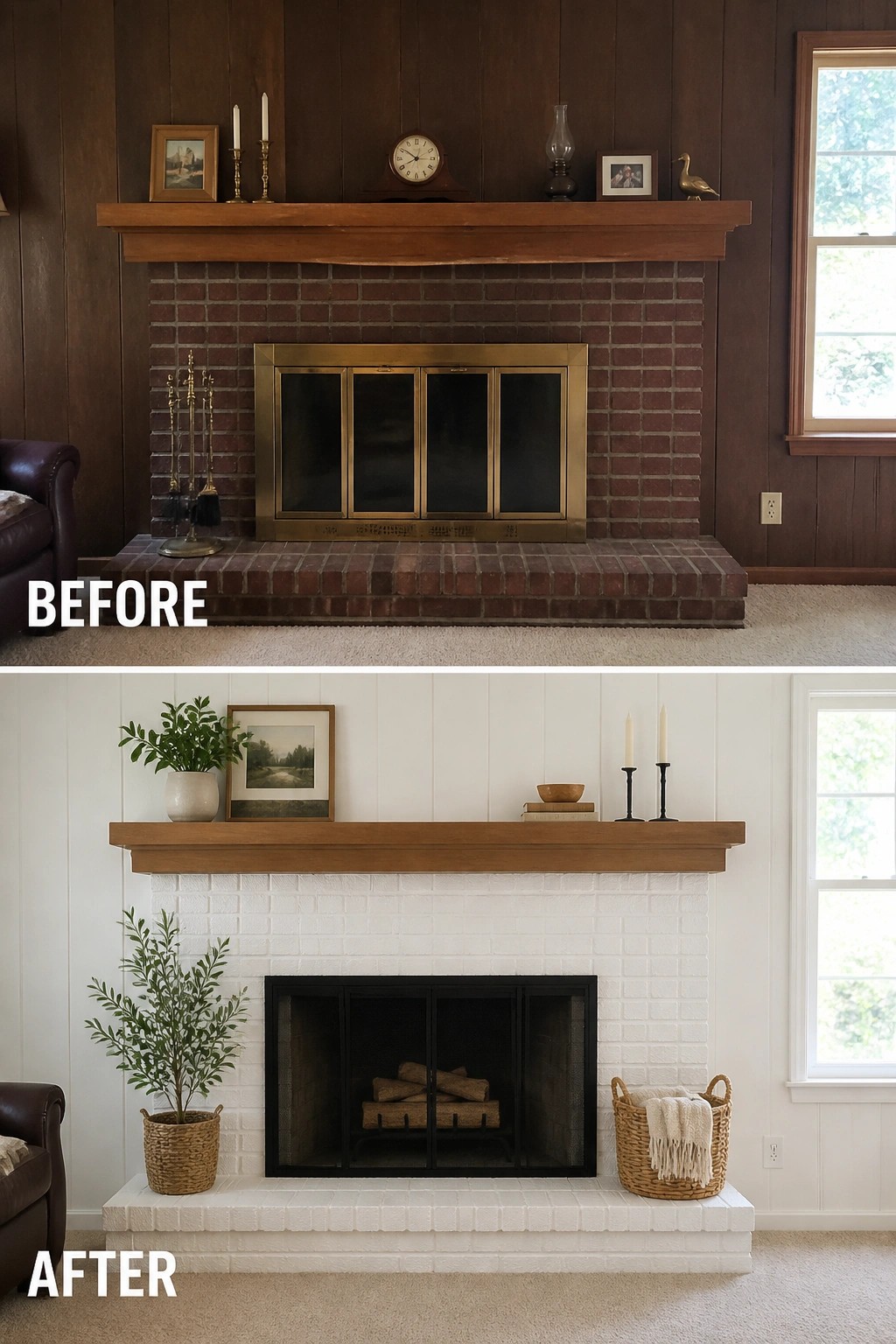 Before-and-after image of a living room fireplace where dark brick and brass trim were painted white and replaced with a black fireplace screen and simple mantel styling.