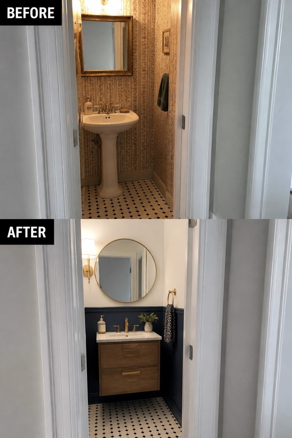 Before-and-after image of a small powder room updated from wallpaper and a pedestal sink to painted half walls, a floating wood vanity, round mirror, and brass fixtures.