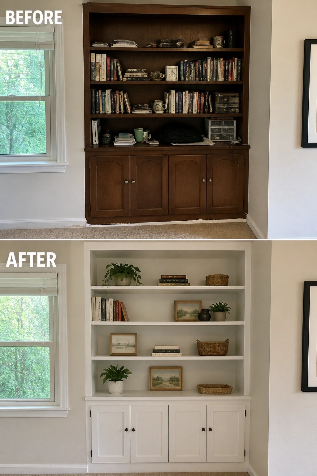 Before-and-after image of a built-in bookcase updated from dark wood to painted white with decluttered shelves, plants, baskets, and framed art.