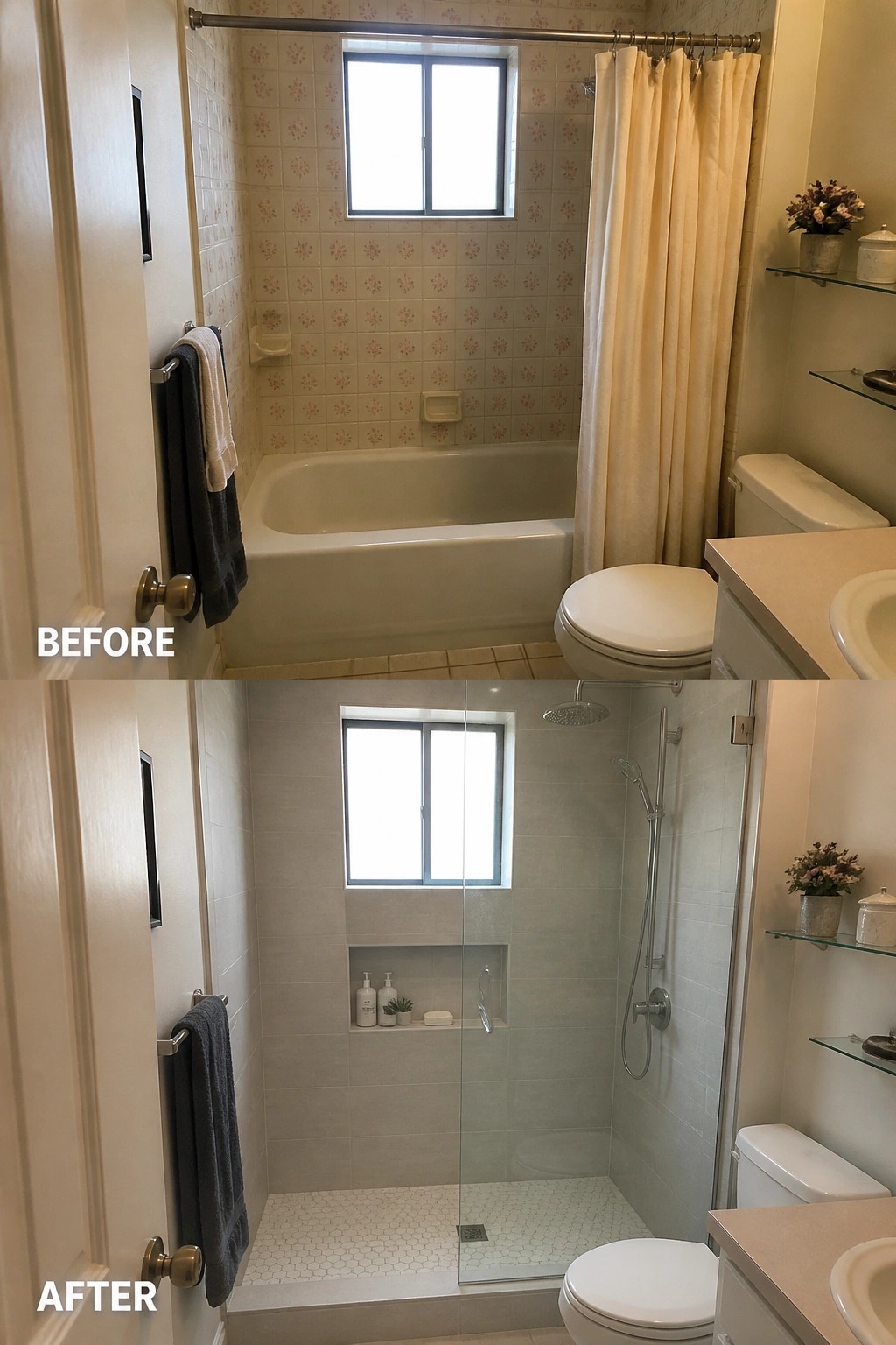 Before-and-after image of a small bathroom where an old tub and shower curtain are replaced by a glass-enclosed tiled walk-in shower with a built-in niche.