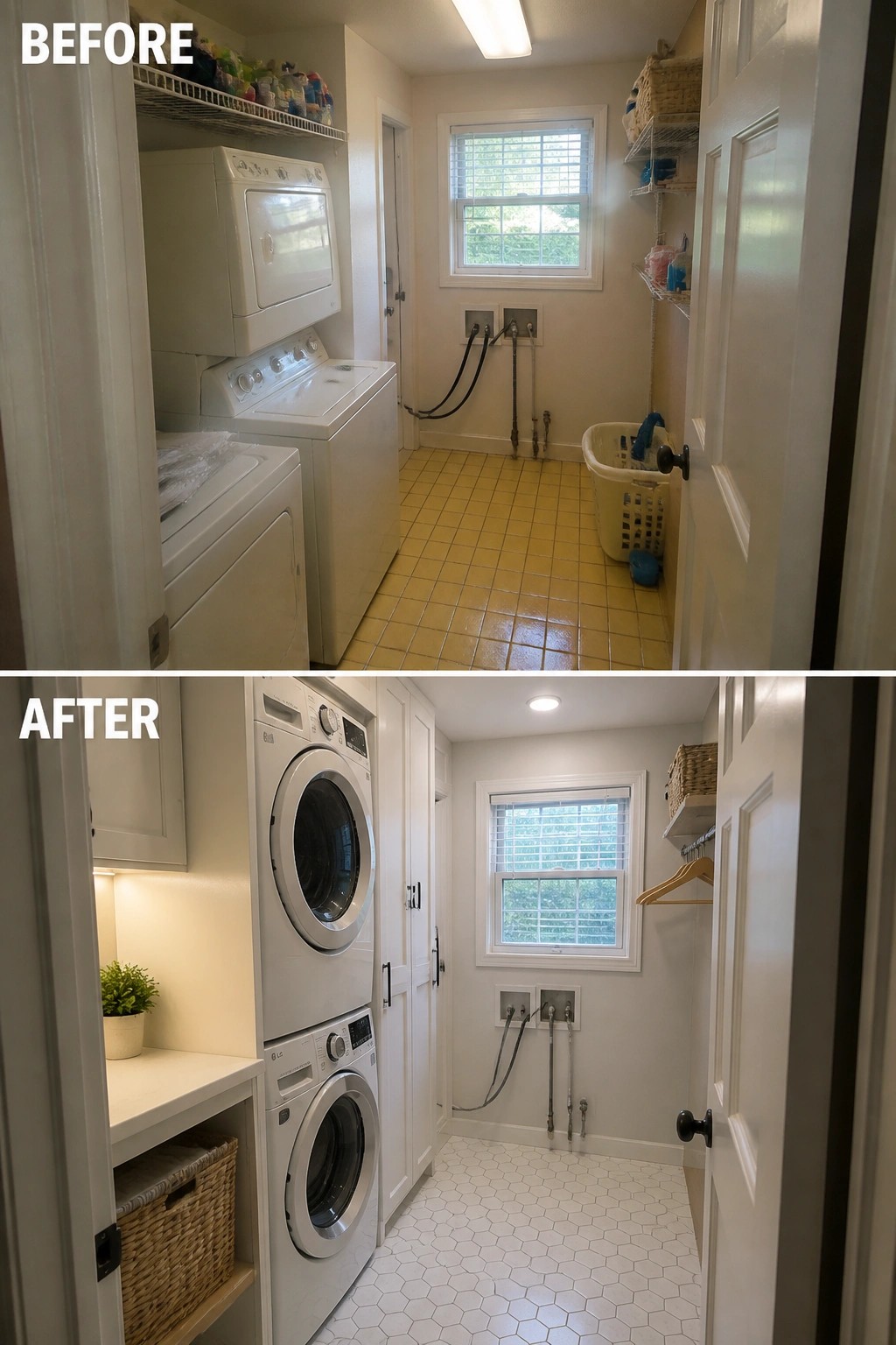 Before-and-after image of a small laundry room updated by replacing old units with stacked front-load machines and adding built-in cabinets, a countertop, and new tile flooring.
