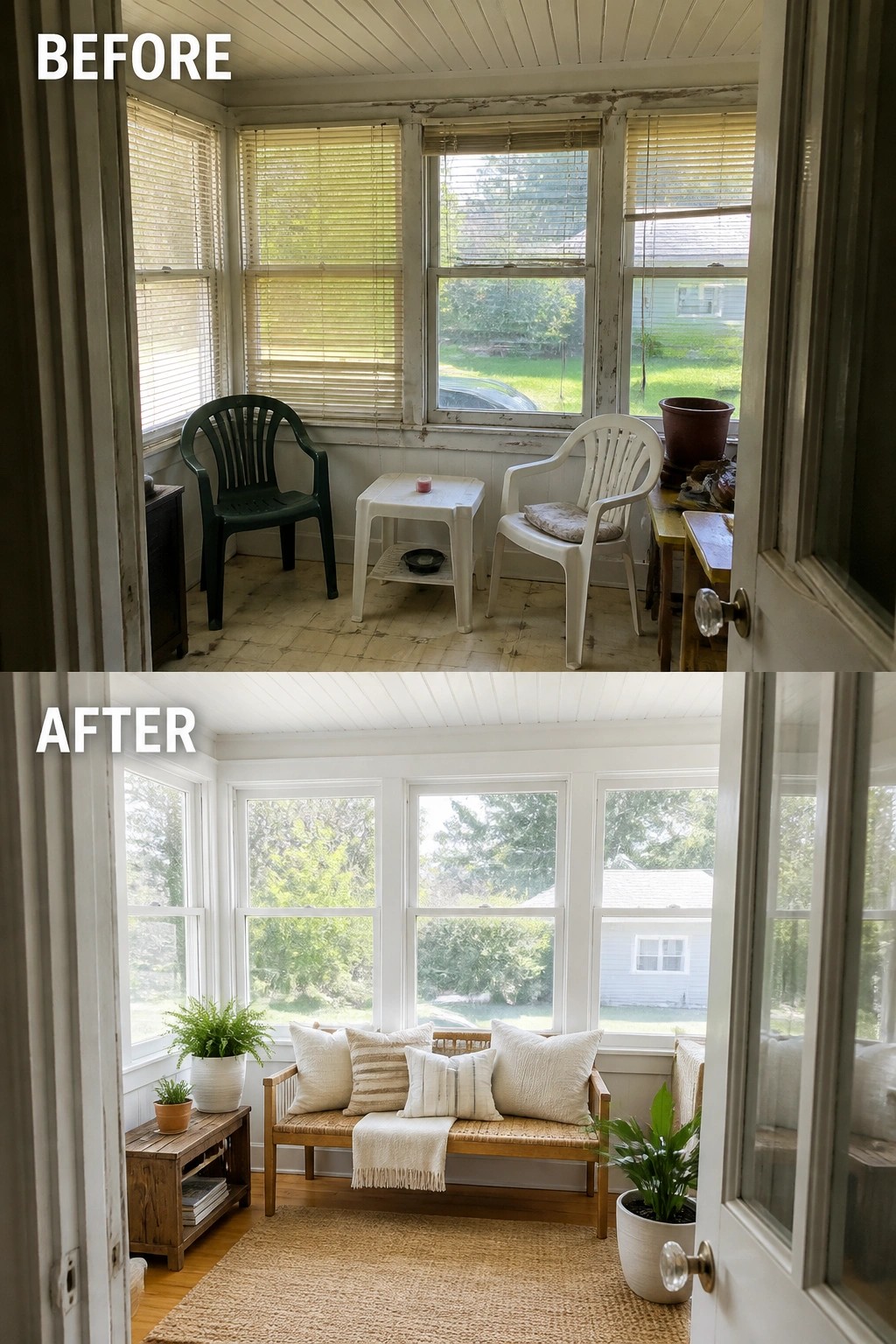 Before-and-after image of an enclosed porch changed from mismatched plastic chairs and blinds to a light seating nook with a woven bench, rug, cushions, and potted plants.