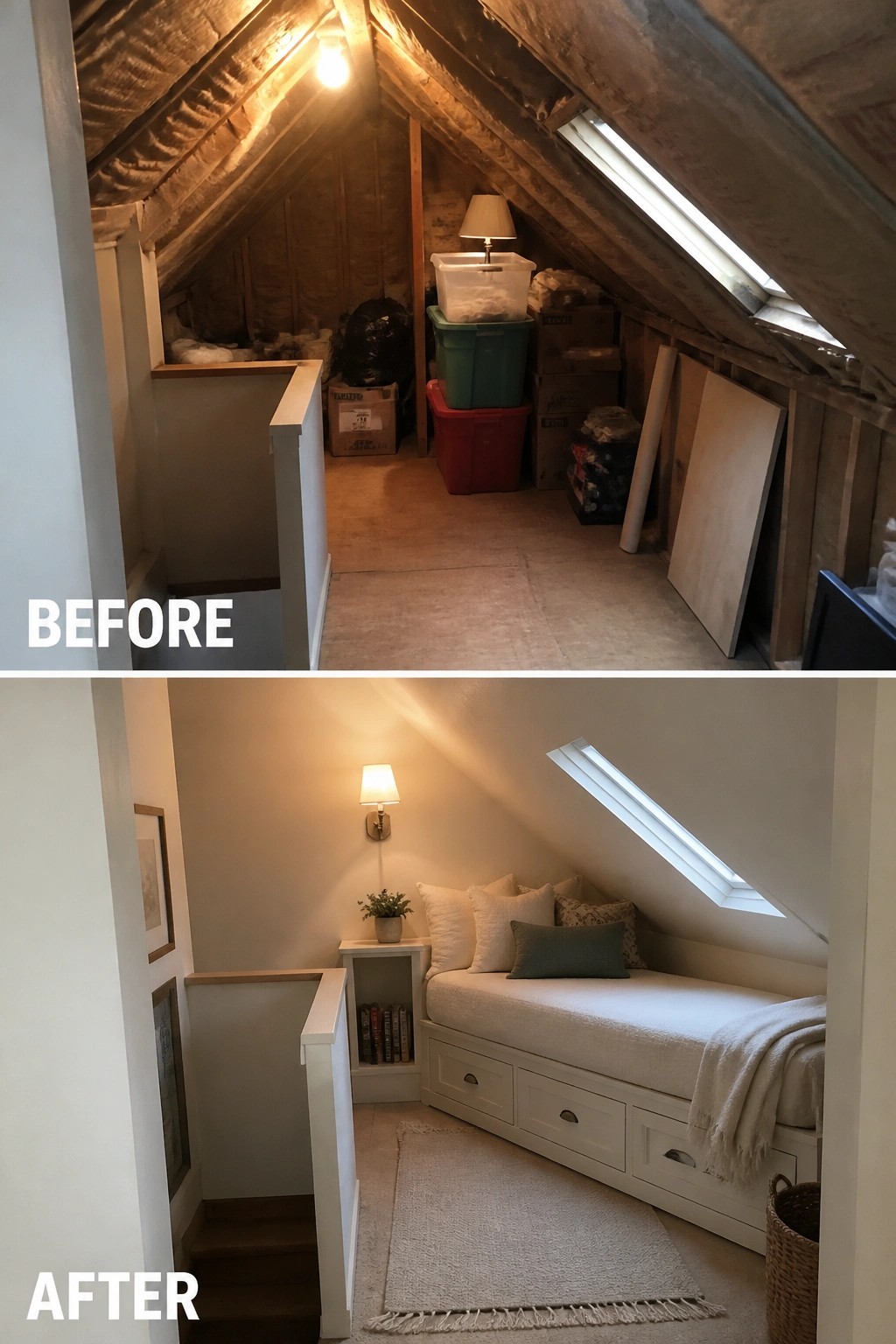 Before-and-after image of an attic converted from unfinished storage into a finished cozy daybed nook with built-in drawers, a wall sconce, and a skylight.