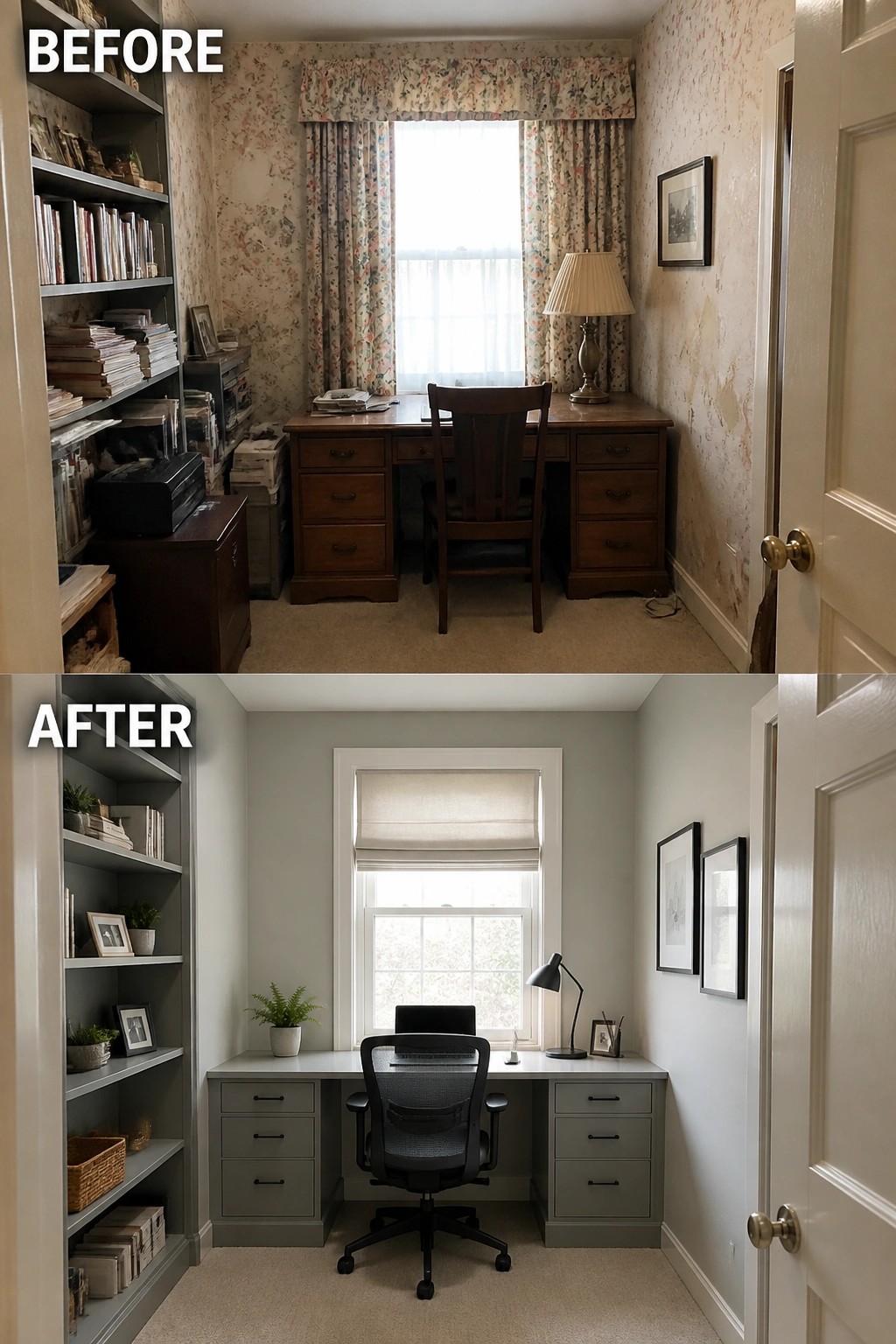 Before-and-after image of a small home office updated with a built-in desk and shelving, neutral paint, and a modern office chair.