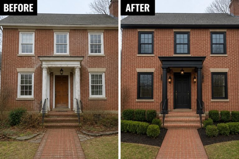 Before-and-after image of a brick house updated by replacing worn white trim with black window frames and a black front door, plus new lighting and tidier foundation plantings.