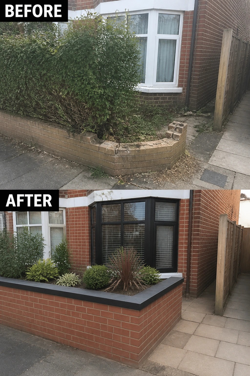 Before-and-after image of a front yard where an overgrown hedge and broken low wall were replaced by a neat raised brick planter with a dark cap and new low plantings.