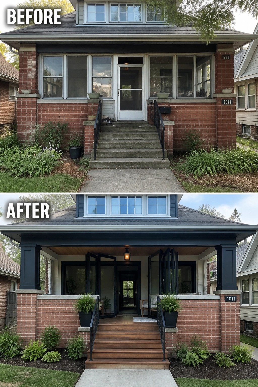 Before-and-after image of a front porch updated from a closed-in screened entry with concrete steps to an open, black-trimmed porch with wooden stairs, folding glass doors, a hanging light, and planters.