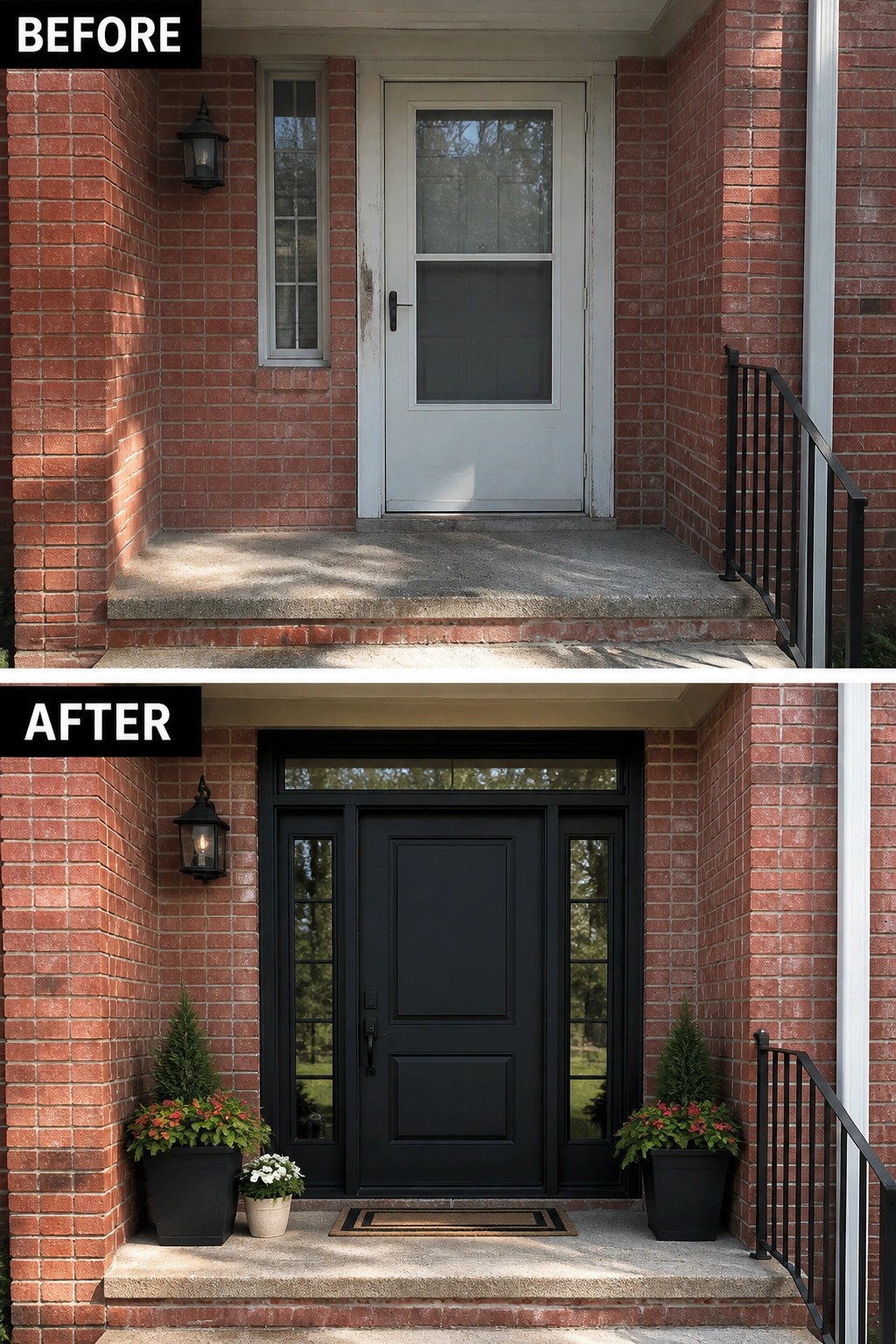 Before-and-after image of a plain front porch updated with a new black entry door, matching planters, and a doormat.
