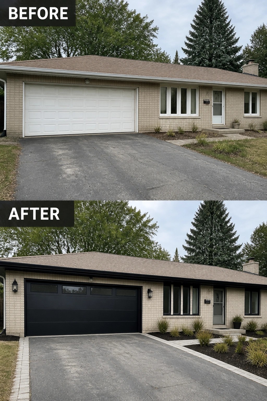 Before-and-after image of a light brick ranch house where the white garage door and trim were replaced with a