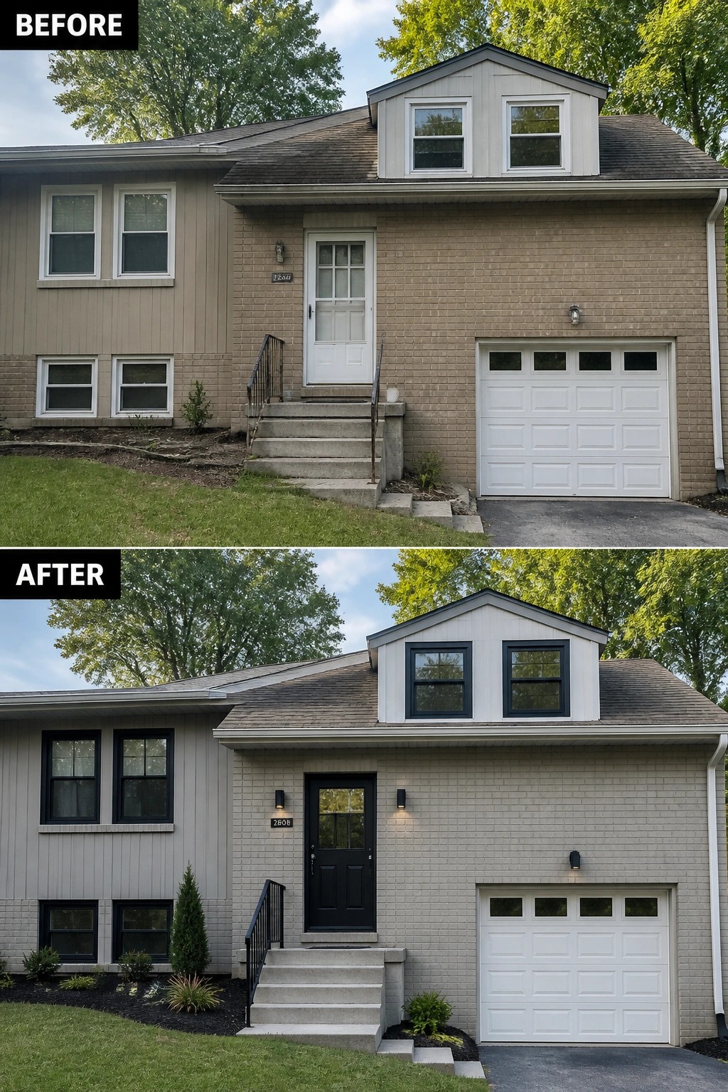 Before-and-after image of a brick house exterior updated by replacing light window frames and door with black trim, adding black exterior lights, and adding neat planted beds.