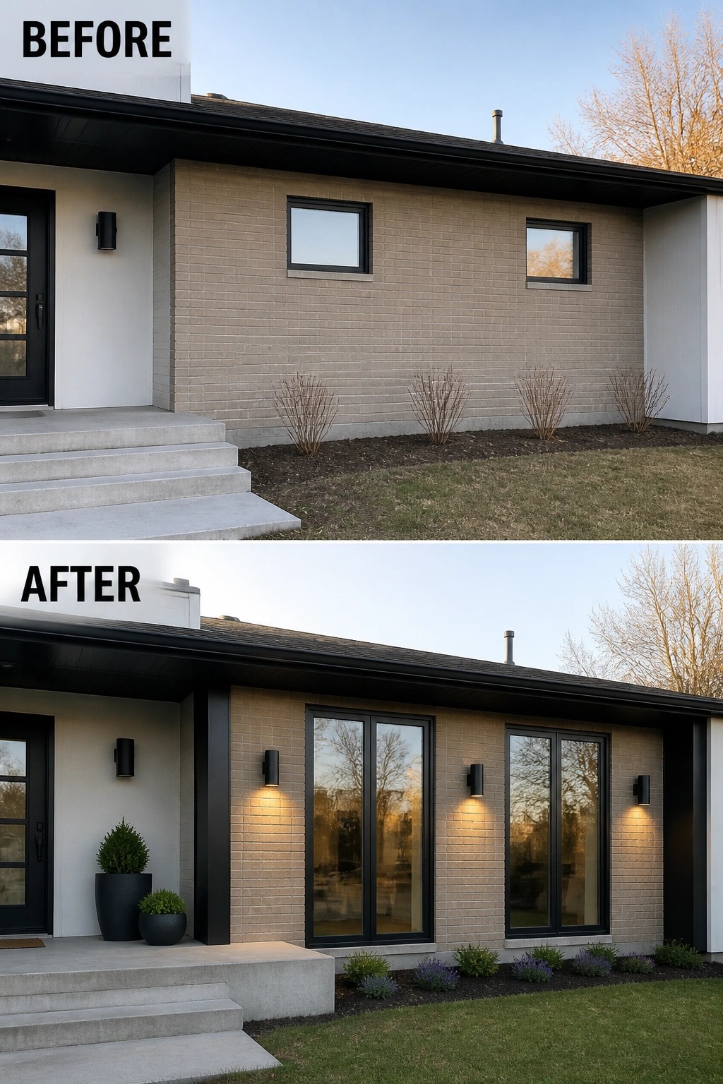 Before-and-after image of a plain brick front wall updated with tall black-framed windows or doors, new wall sconces, and planters.