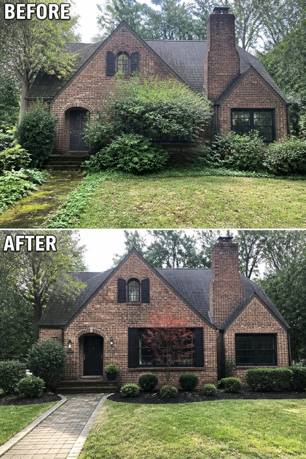 Before-and-after image of a brick house where overgrown foundation shrubs were removed and replaced with defined planting beds, low rounded shrubs, a small ornamental tree, and a paved walkway.