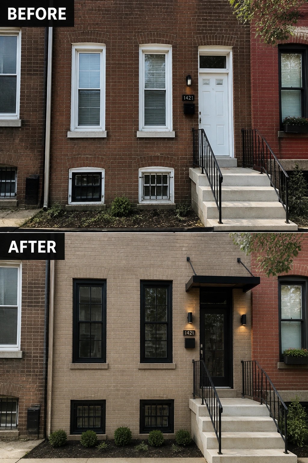 Before-and-after image of a brick rowhouse facade updated with black window and door trim, a new entry canopy and lighting, plus fresh low plantings.