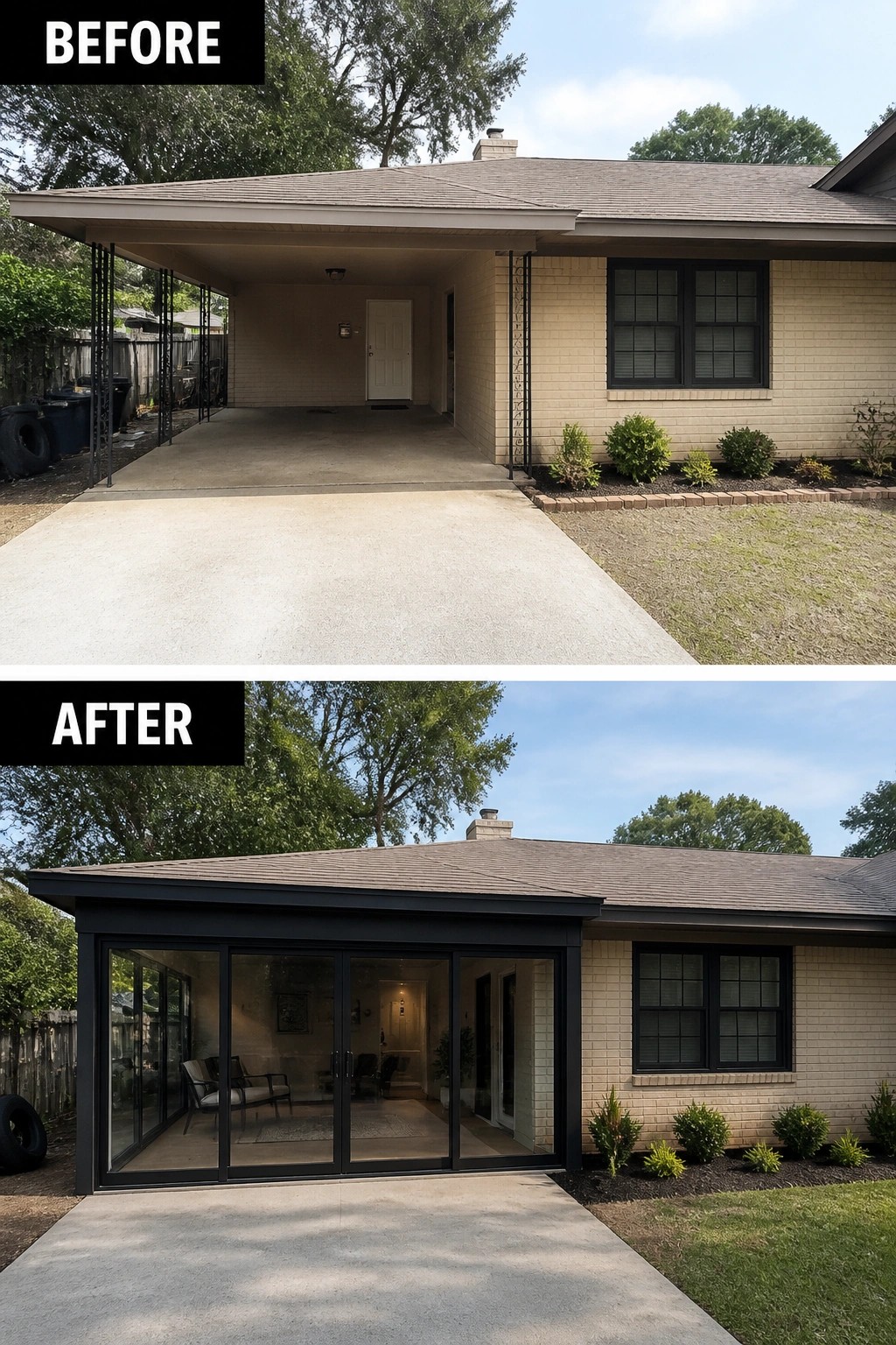 Before-and-after image of a covered carport converted into an enclosed glass sitting room with black window frames and sliding doors.