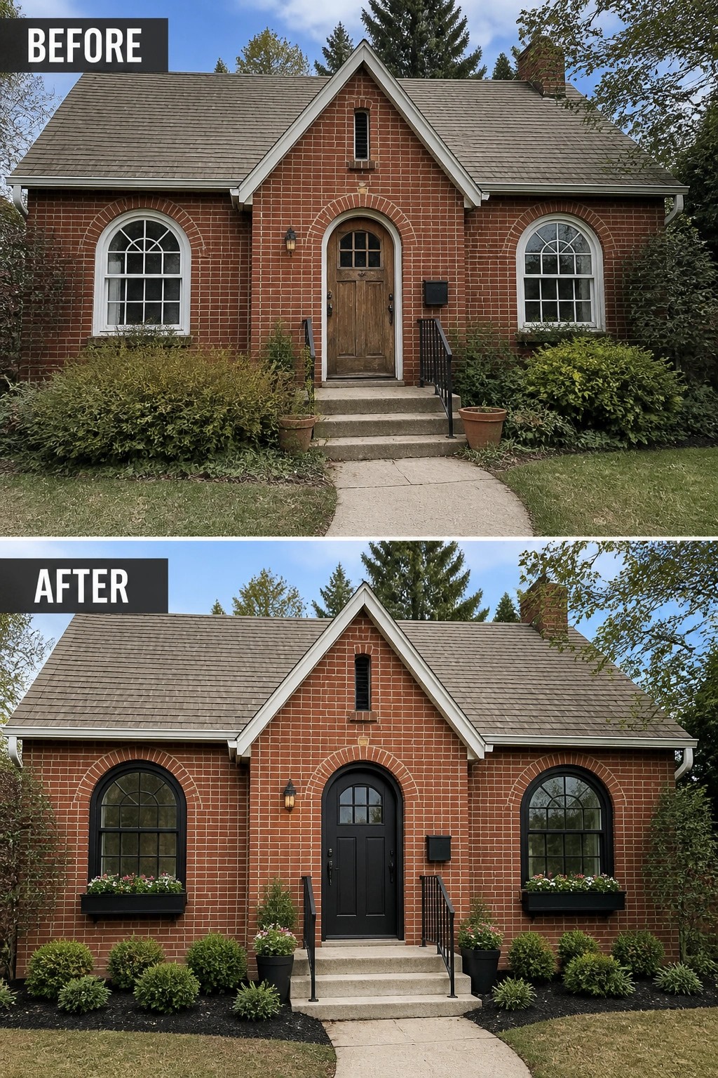 Before-and-after image of a brick house entry updated from overgrown and