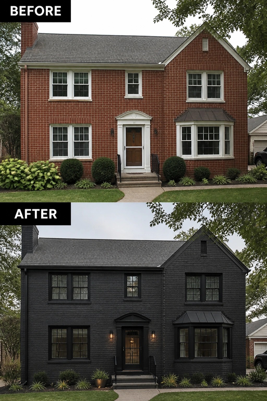 Before-and-after image of a two-story red brick house updated by painting the exterior brick and window trim matte black.