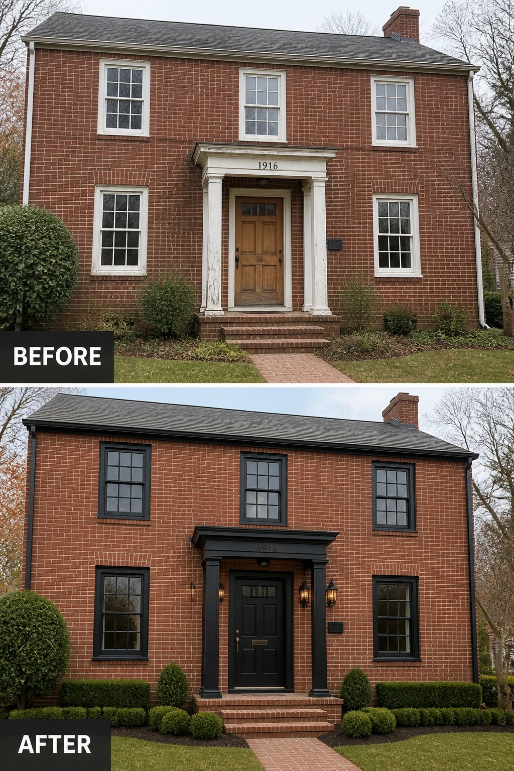 Before-and-after image of a brick house updated by replacing worn white trim with black window frames and a black front door, plus new lighting and tidier foundation plantings.