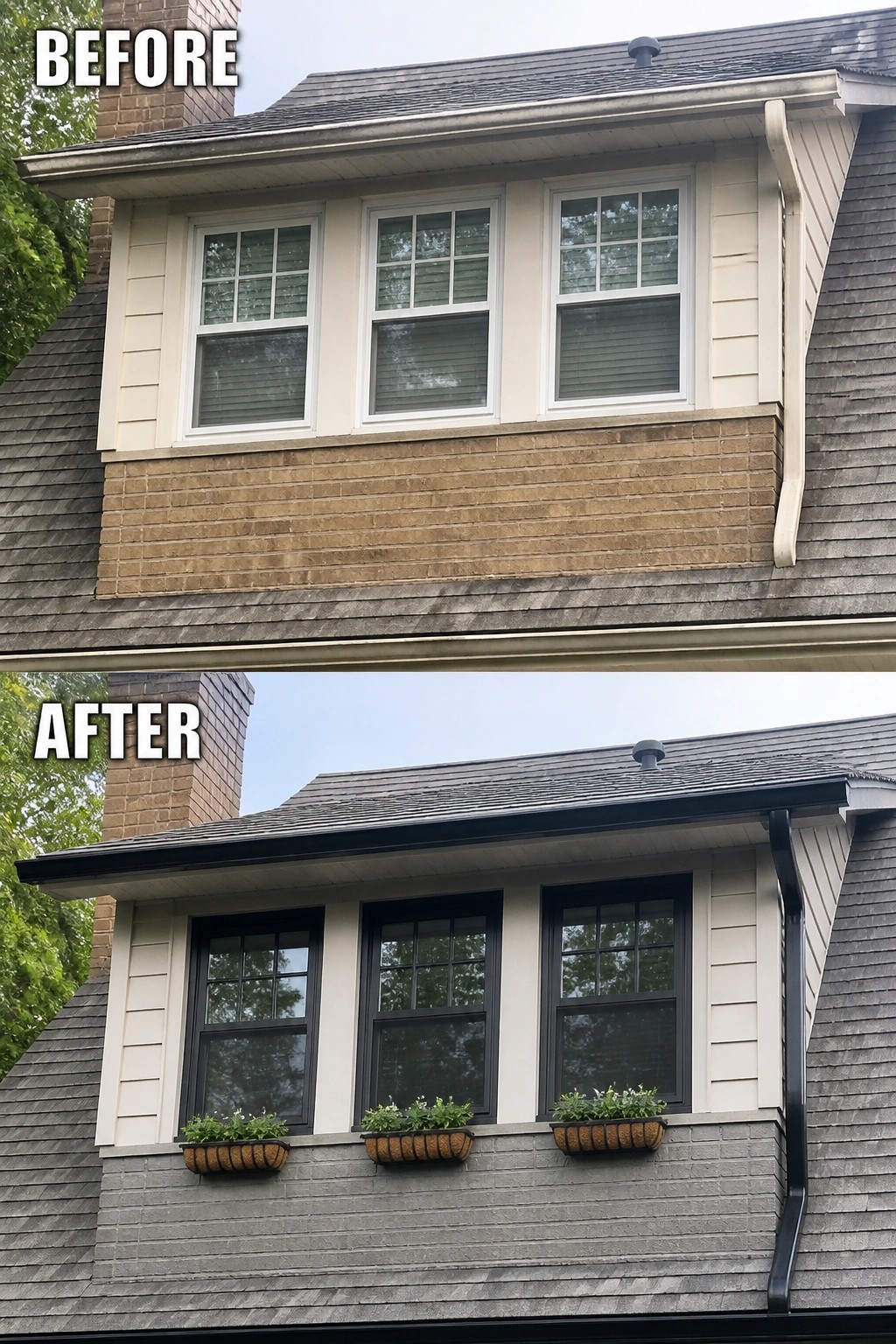 Before-and-after image of a dormer where pale trim and brown brick were updated with black window frames, painted gray brick, and three window planters.