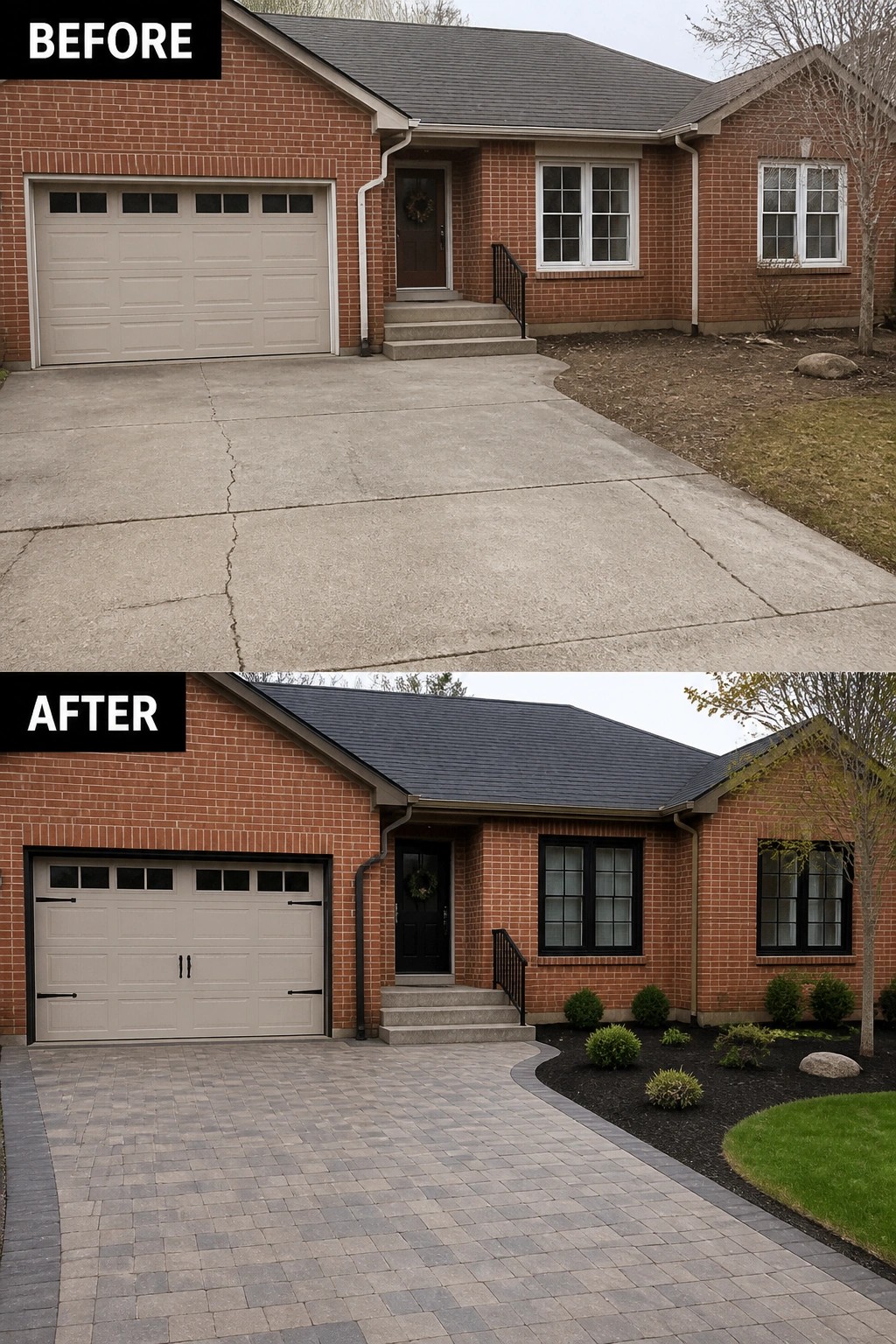 Before-and-after image of a brick house where a plain concrete driveway and light trim were updated with a paved driveway, black window trim, and planted garden beds.