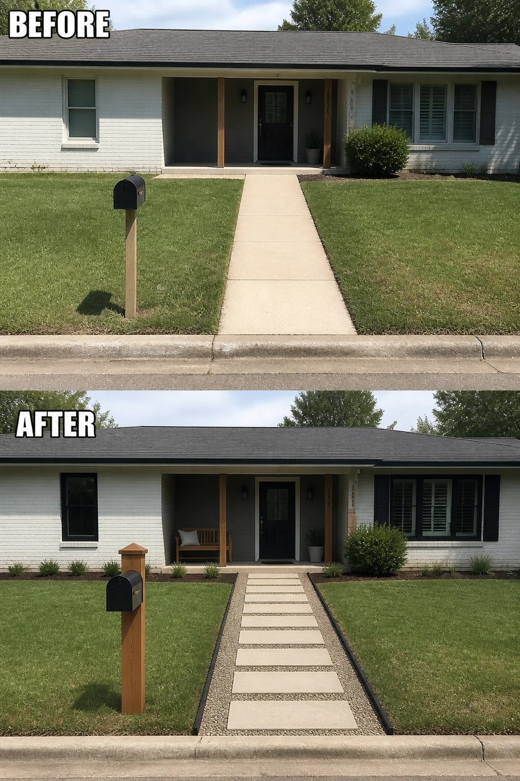 Before-and-after image of a plain concrete front walkway replaced by a centered stepping-stone path set in gravel with edging and a new wooden mailbox post.