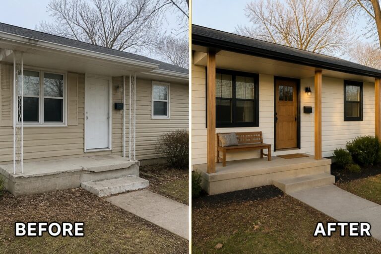 15 Modern Ranch House Transformations Using Black Trim and Natural Wood Before-and-after ranch exterior: beige siding, iron posts replaced by wood columns, black-trim windows
