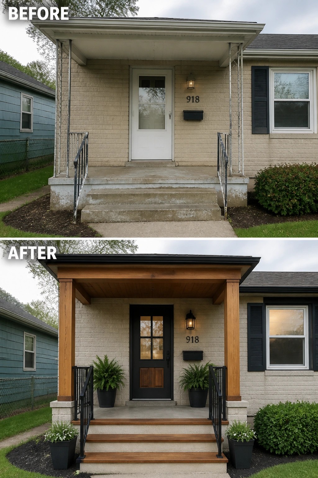 Before-and-after front porch: plain concrete stoop above; new wood-clad porch, black door.