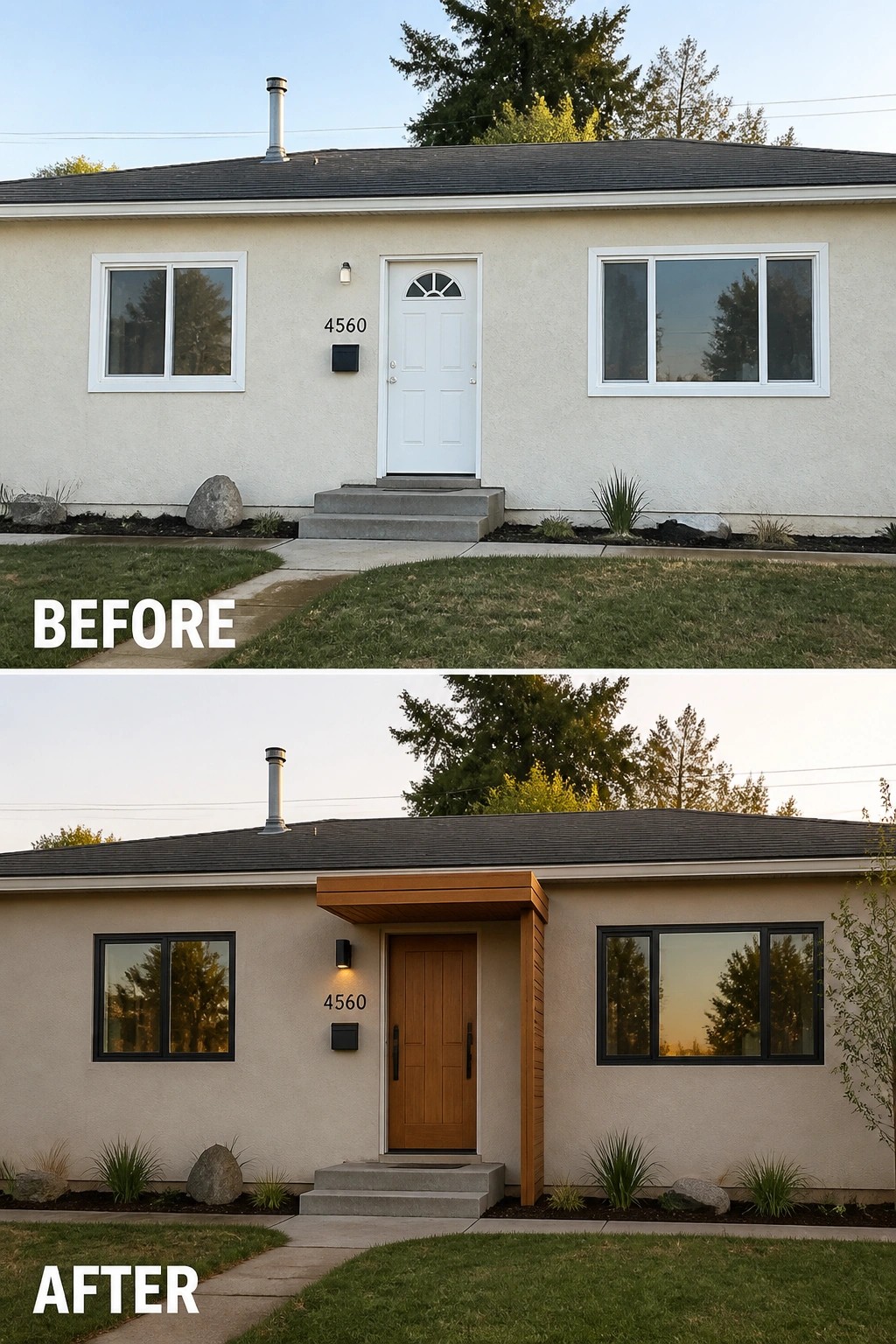 Before-and-after image of a simple ranch facade updated with a natural wood front door and small wood canopy plus black window trim and new exterior hardware.