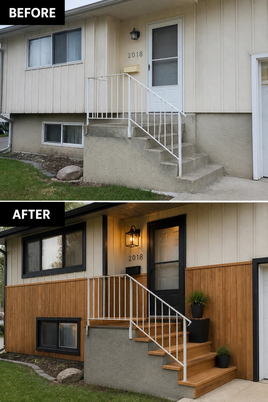 Before-and-after image of a plain front entry updated with black window and door trim, natural wood cladding on the lower facade, new wooden stair treads, an exterior lantern, and potted plants.