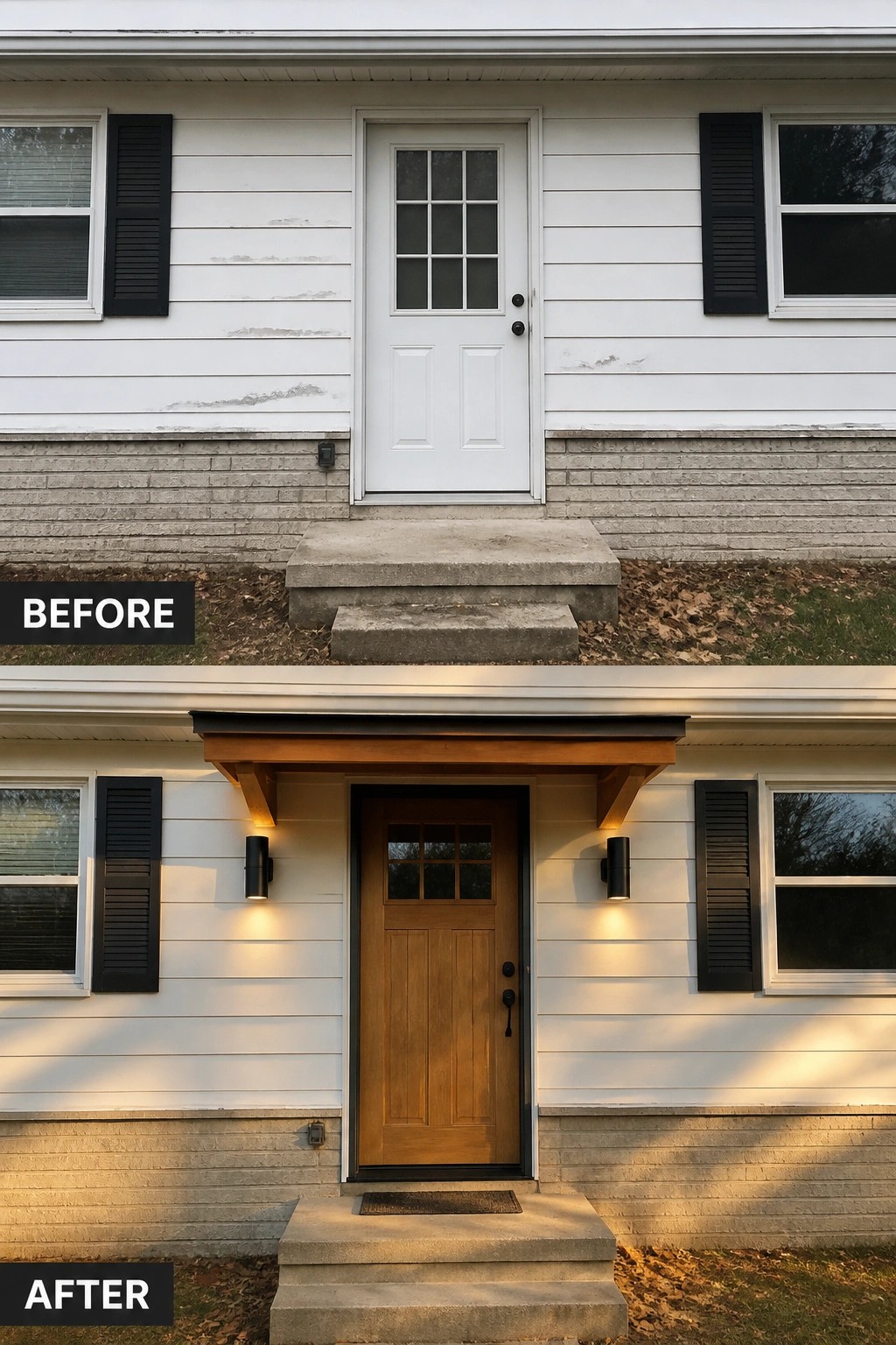 Before-and-after image of a plain front entry updated with a natural wood door, a small wooden awning, and wall-mounted lights.